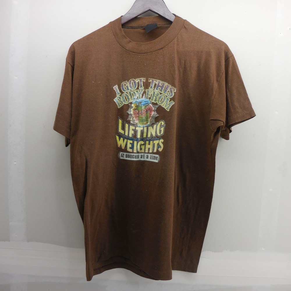 Vintage Lifting Weights 12 Ounces at a Time Beer Graphic Shirt Brown XL 80s‎ 90s